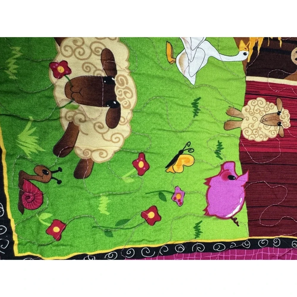 Vintage Handquilted Baby Quilt-Farm Animals~Cow Ducks Chicken Horse~39 x 21.5 In